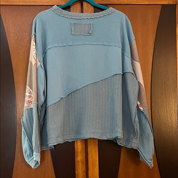 POL Shades of Blue Mixed Media Patchwork Top w/Tan-Rust-Brown-Cream Accents - Picture 7 of 13